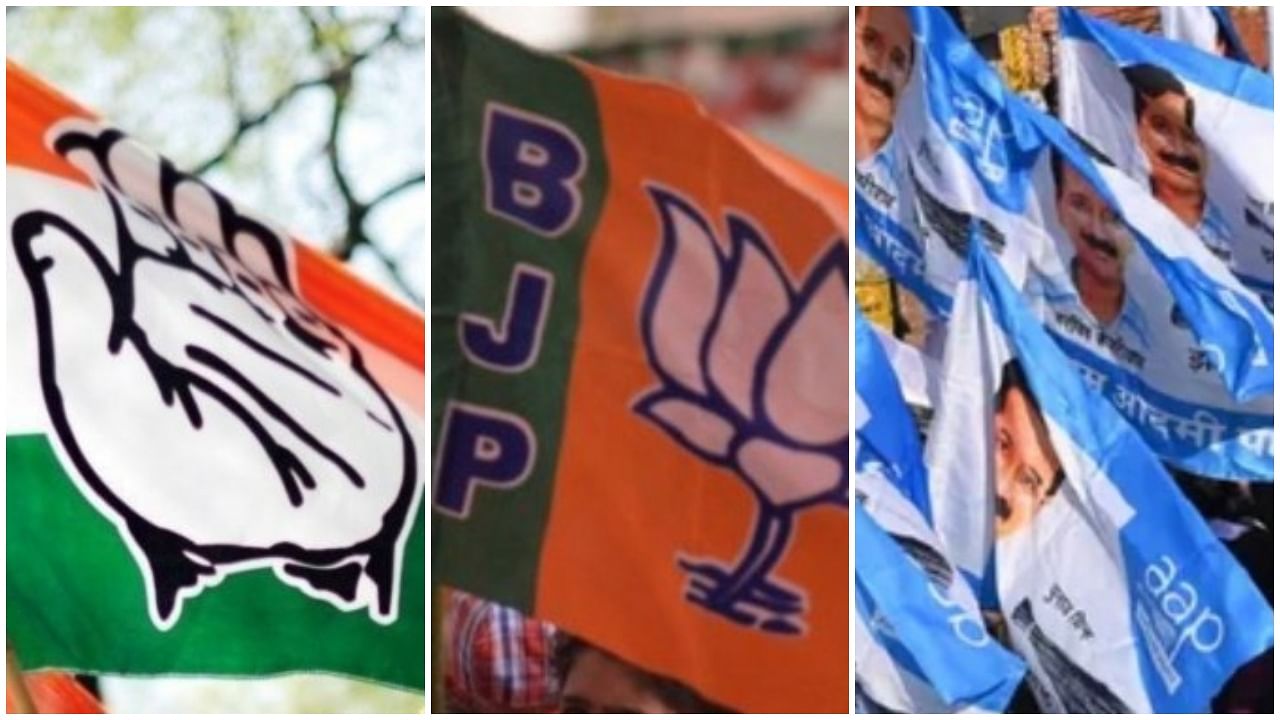 The party flags of Congress, BJP and AAP. Credit: Getty Images, AFP and Twitter