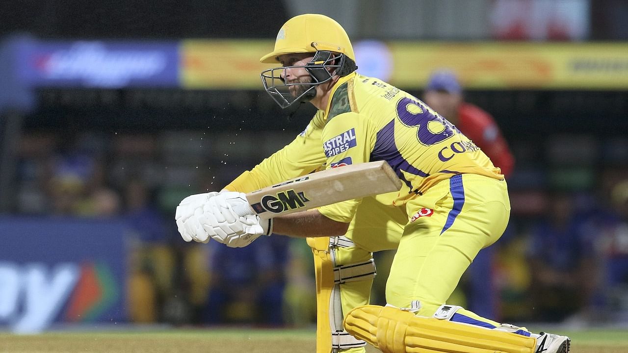 CSK batter Devon Conway plays a shot during his side's win against Delhi Capitals. Credit: PTI Photo