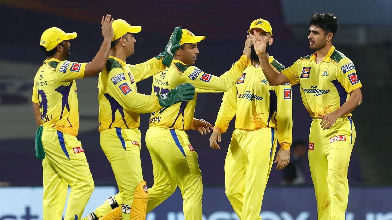 Mukesh Choudhary of Chennai Super Kings celebrates with teammates after the wicket of Rovman Powell of Delhi Capitals. Credit: PTI Photo