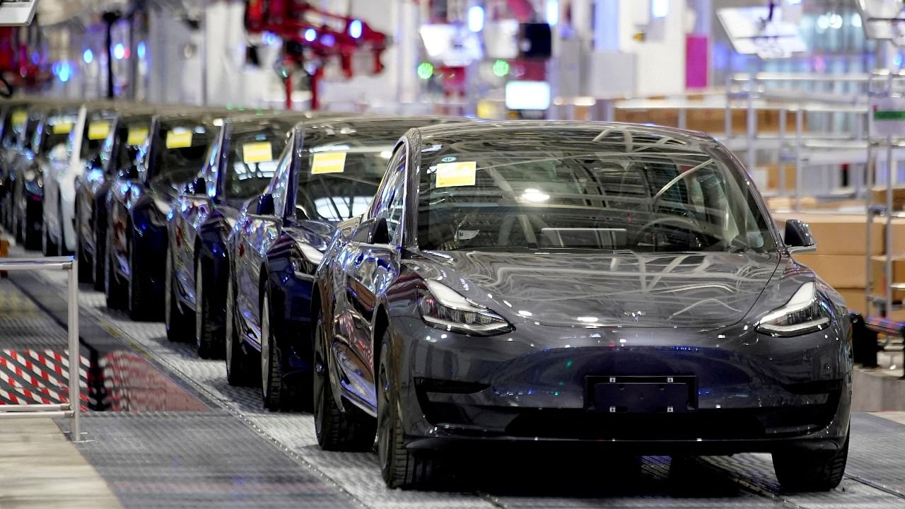 Tesla China-made Model 3 vehicles are seen during a delivery event at the carmaker's factory in Shanghai. Credit: Reuters Photo