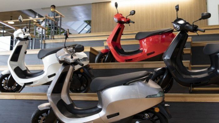 File Photo: Electric two-wheelers on display. Picture Credit: Bloomberg