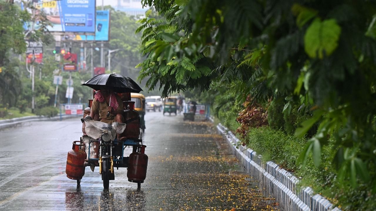 A man delivering Liquefied Petroleum Gas (LPG) cylinders shelters from the rain with an umbrella while driving a three-wheeler vehicle along a road in Kolkata. Credit: AFP Photo