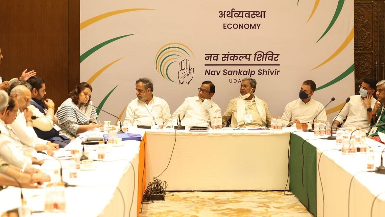 Congress Party leader Rahul Gandhi with party leaders during day 1 of discussions at the Chintan Shivir. Credit: IANS Photo