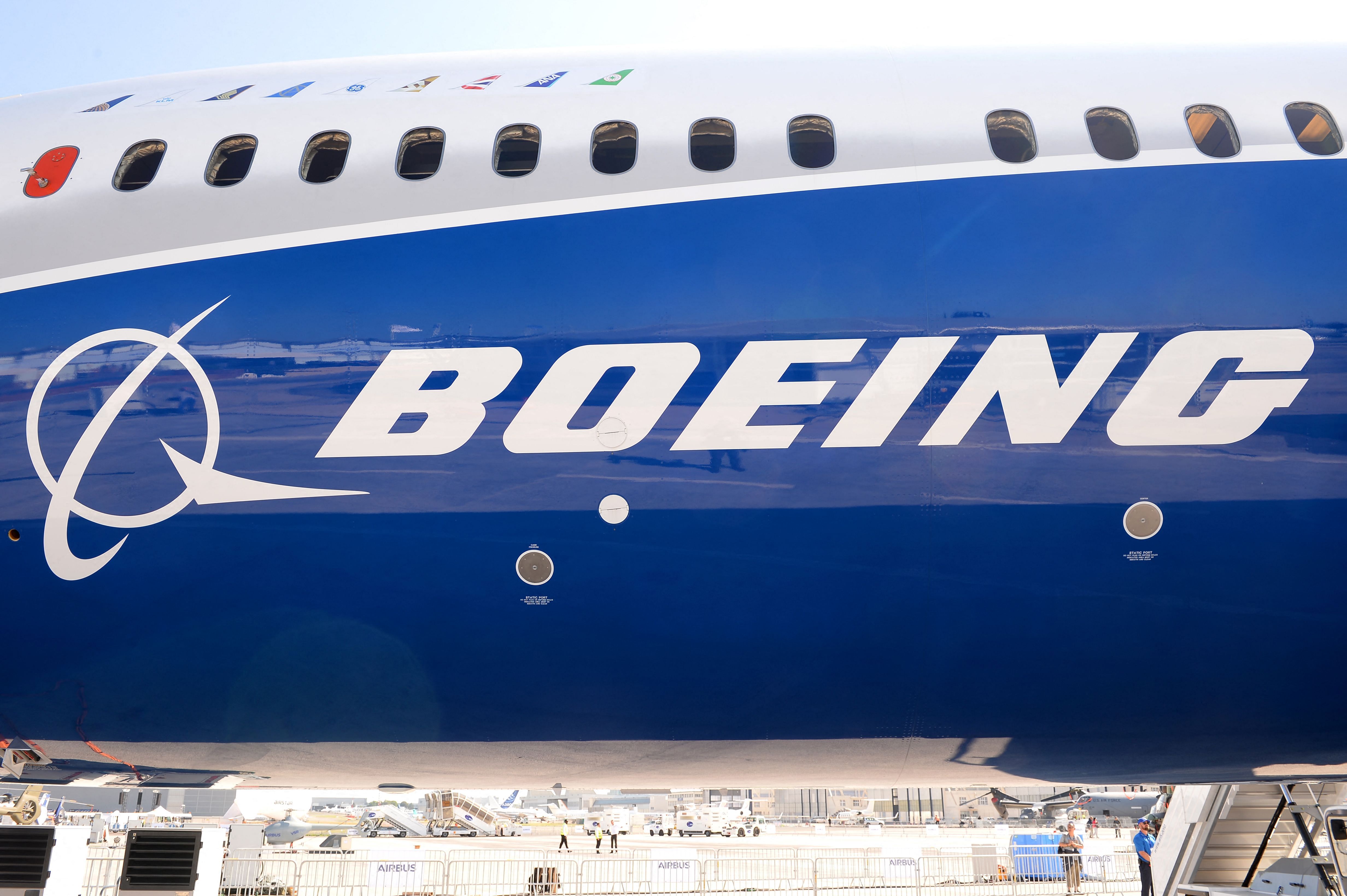 Boeing logo on the fuselage of a Boeing 787-10 Dreamliner test plane. Credit: AFP Photo