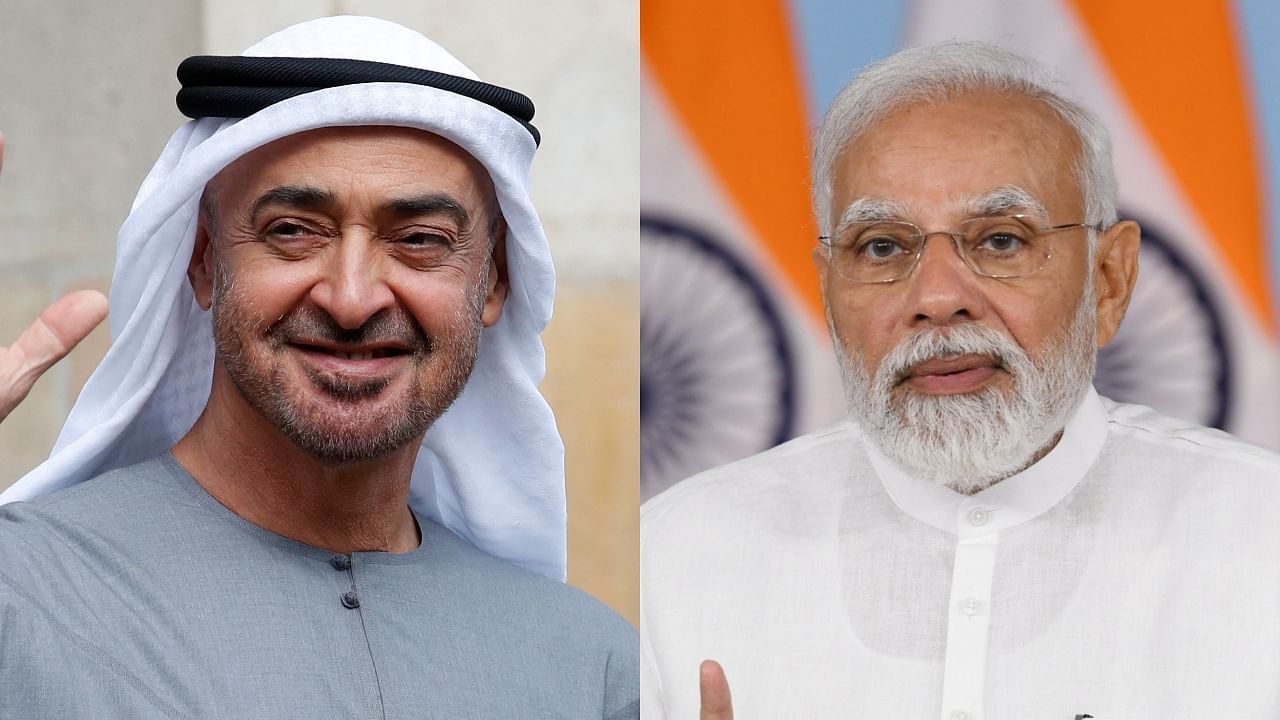Sheikh Mohammed bin Zayed Al Nahyan and Prime Minister Narendra Modi. Credit: Reuters and IANS Photo