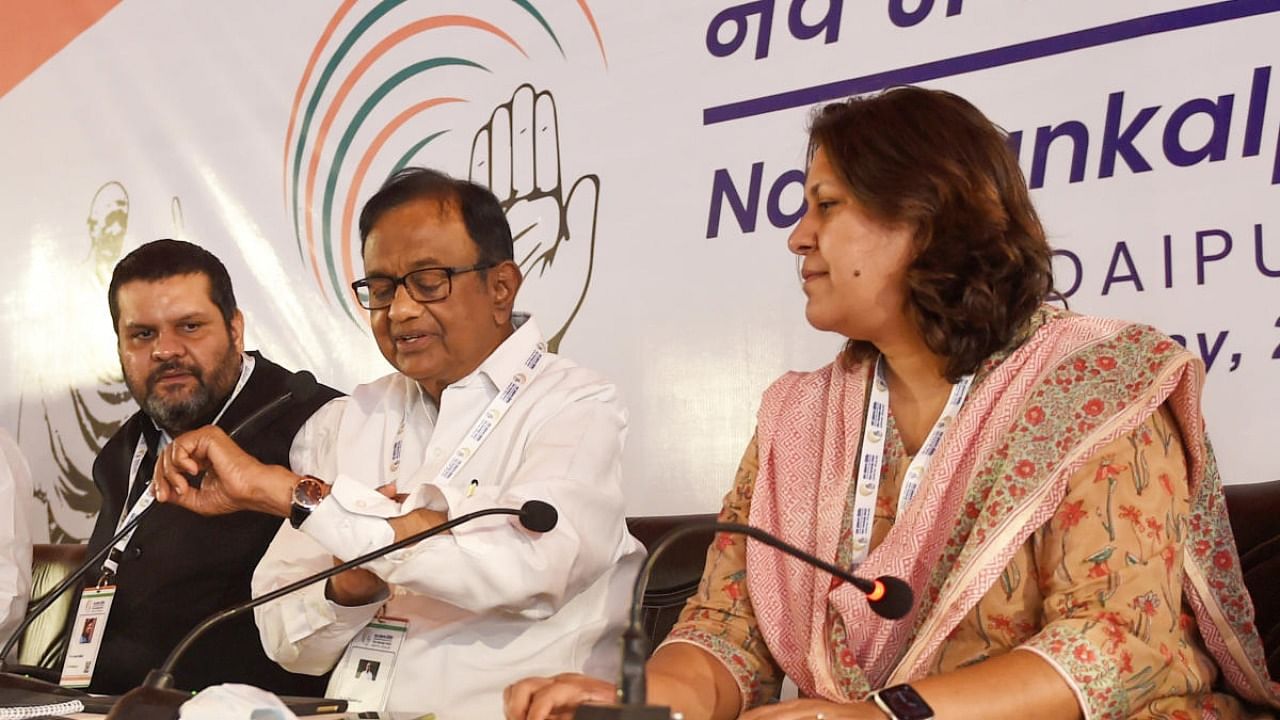 Congress leader P Chidambaram addresses a press conference during the Congress party's 'Nav Sankalp Shivir', in Udaipur. Credit: PTI Photo