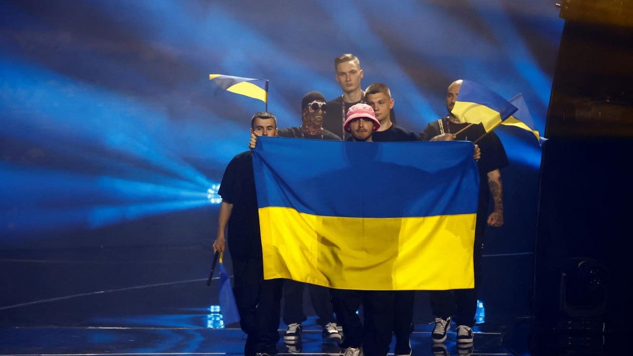 Kalush Orchestra from Ukraine performs during the dress rehearsal ahead of the grand final of the 2022 Eurovision Song Contest, in Turin, Italy. Credit: Reuters Photo