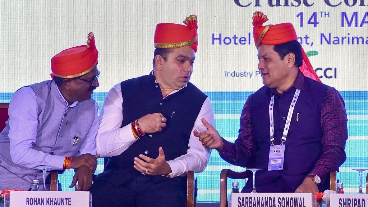 Union Minister for Ports, Shipping & Waterways Sarbananda Sonowal, Goa Tourism Minister Rohan Khaunte and Shiv Sena MP Arvind Sawant during the 1st 'Incredible India International Cruise Conference’. Credit: PTI Photo