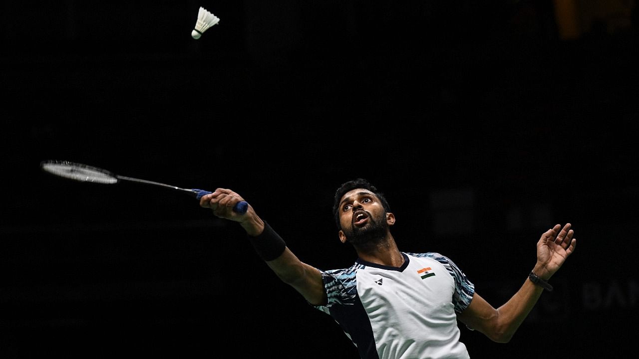 HS Prannoy returns a shot against Denmark’s Rasmus Gemke during the semifinals of the Thomas and Uber Cup badminton tournament in Bangkok. Credit: AFP Photo