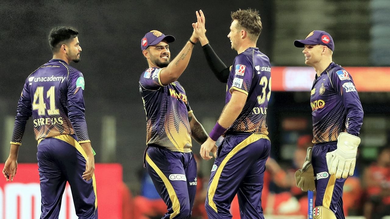 Tim Southee of Kolkata Knight Riders celebrates with teammates after the wicket of Rahul Tripathi of Sunrisers Hyderabad, during the Indian Premier League 2022 cricket match between Kolkata Knight Riders and Sunrisers Hyderabad. Credit: PTI Photo