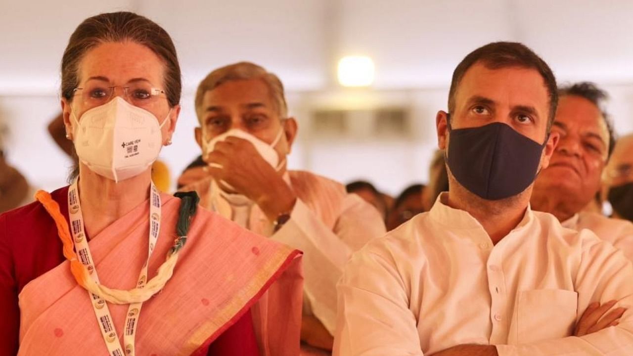 ongress Interim President Sonia Gandhi and party leader Rahul Gandhi during the 'Nav Sankalp Chintan Shivir- 2022', in Udaipur on Friday, May 13, 2022. Credit: IANS Photo