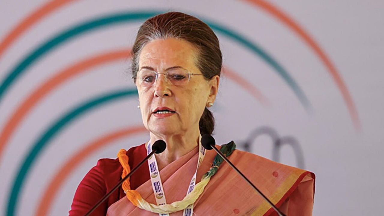 Congress interim President Sonia Gandhi addresses party leaders during the party's 'Nav Sankalp Chintan Shivir', in Udaipur. Credit: PTI Photo