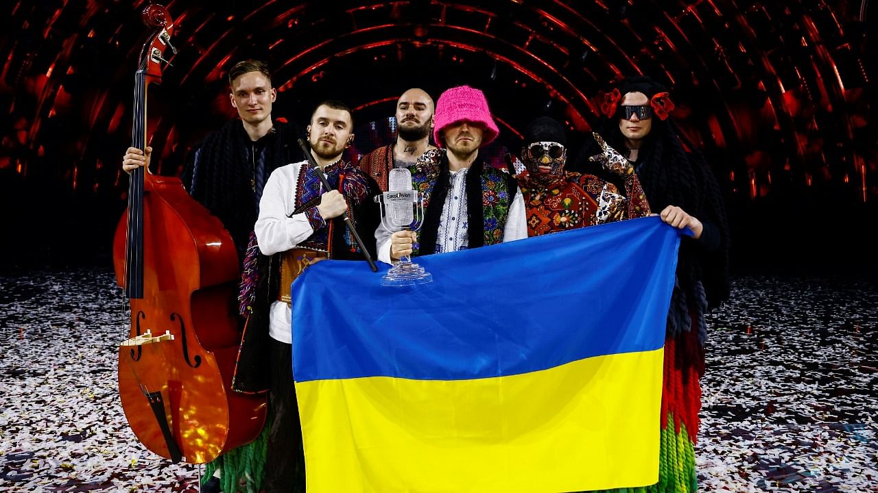 Kalush Orchestra from Ukraine pose after winning the 2022 Eurovision Song Contest in Turin, Italy. Credit: Reuters Photo