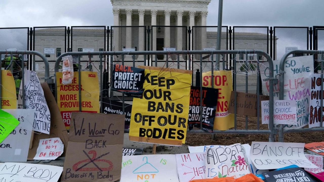 Abortion rights demonstrators leave banners at a fence outside of the US Supreme Court in Washington DC. Credit: AFP Photo