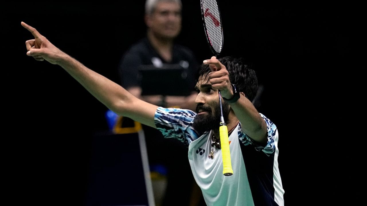 Srikanth Kidambi reacts after winning a point against Indonesia's Jonatan Christie during their men's singles final badminton match at Thomas & Uber Cup in Bangkok. Credit: AP/PTI Photo