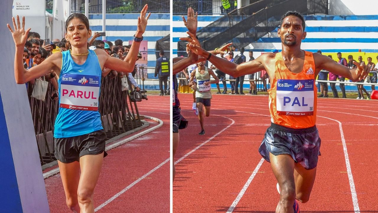 Parul Chaudhary (00:34:38) (L) won gold in Indian Women run, Abhishek Pal (00: 30:05) won gold in Indian men run at TCS World10K Bengaluru run. Credit: DH Photos/S K Dinesh