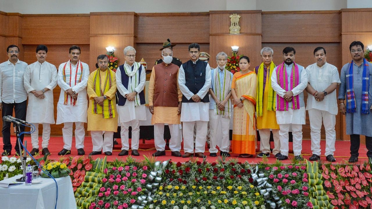 Chief Minister Manik Saha with his cabinet. Credit: PTI Photo