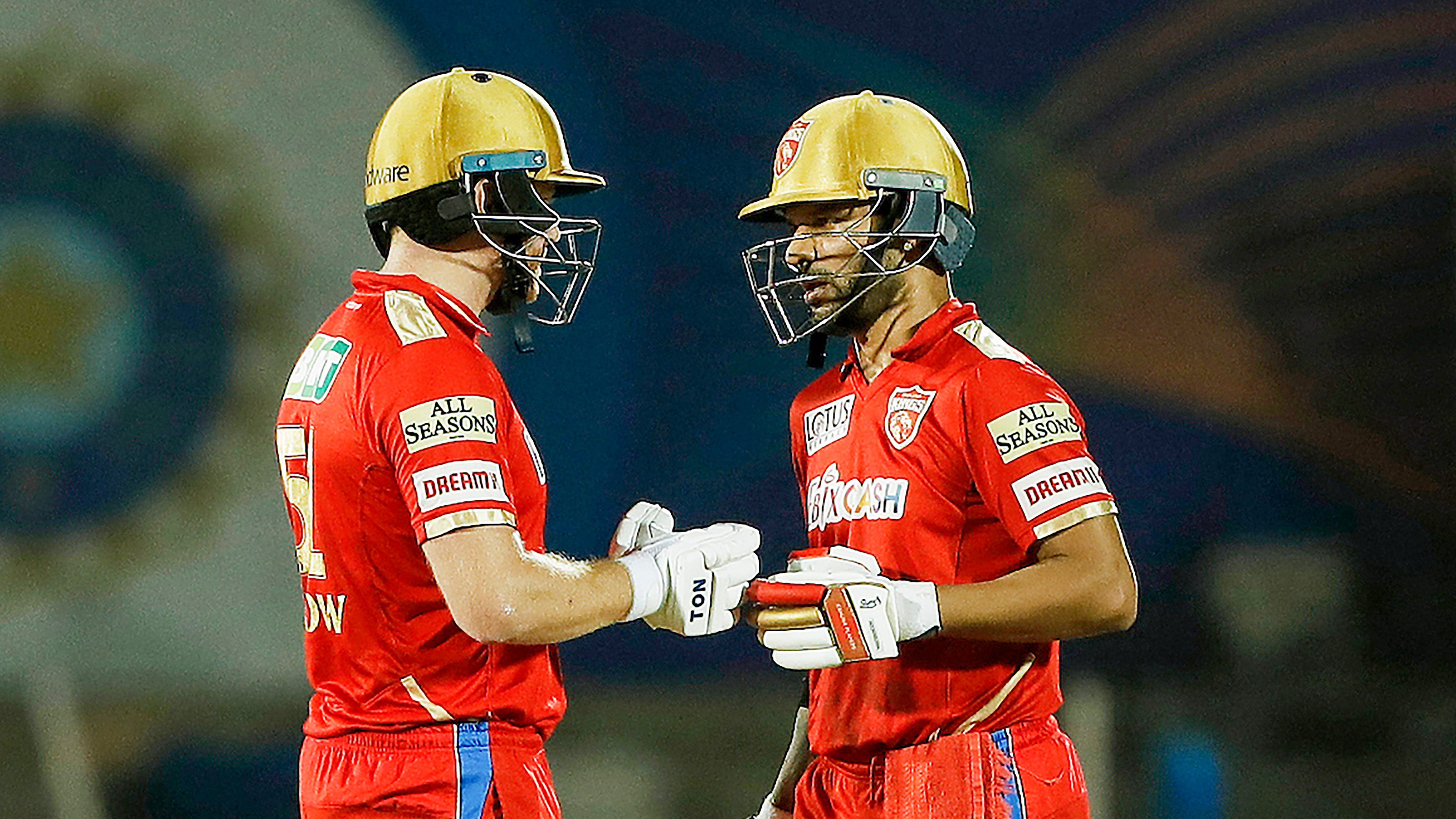Shikhar Dhawan and Jonny Bairstow of Punjab Kings during the Indian Premier League 2022 cricket match between Royal Challengers Bangalore and Punjab Kings, at the Brabourne Stadium. Credit: PTI Photo