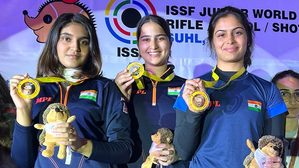 India's women pistol shooters have made it five gold out of five after the trio of Manu Bhaker, Esha Singh and Rhythm Sangwan trounced hosts Germany 16-2 in the 25m pistol team final at the ISSF Junior World Cup in Suhl. Credit: IANS Photo
