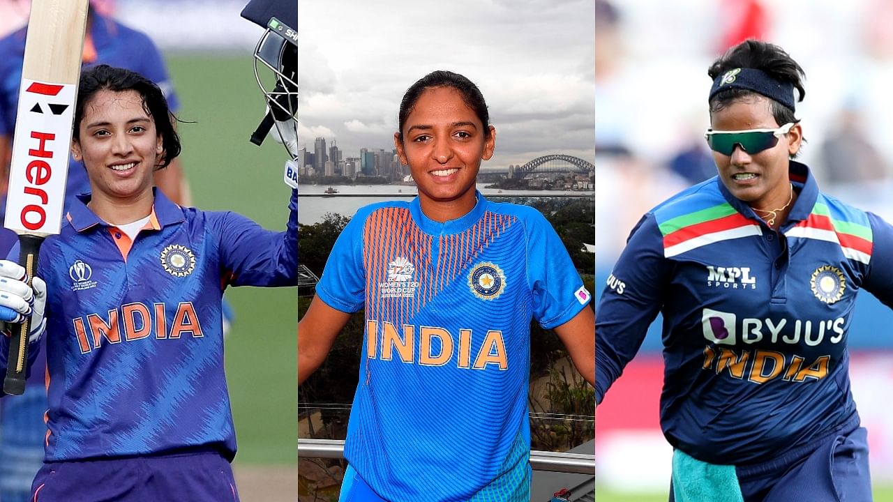 (L-R) Smriti Mandhana, Harmanpreet Kaur and Deepti Sharma. Credit: Reuters, AFP Photos