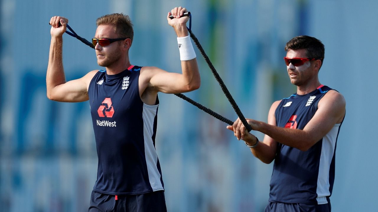 England's Stuart Broad and James Anderson. Credit: Reuters File Photo