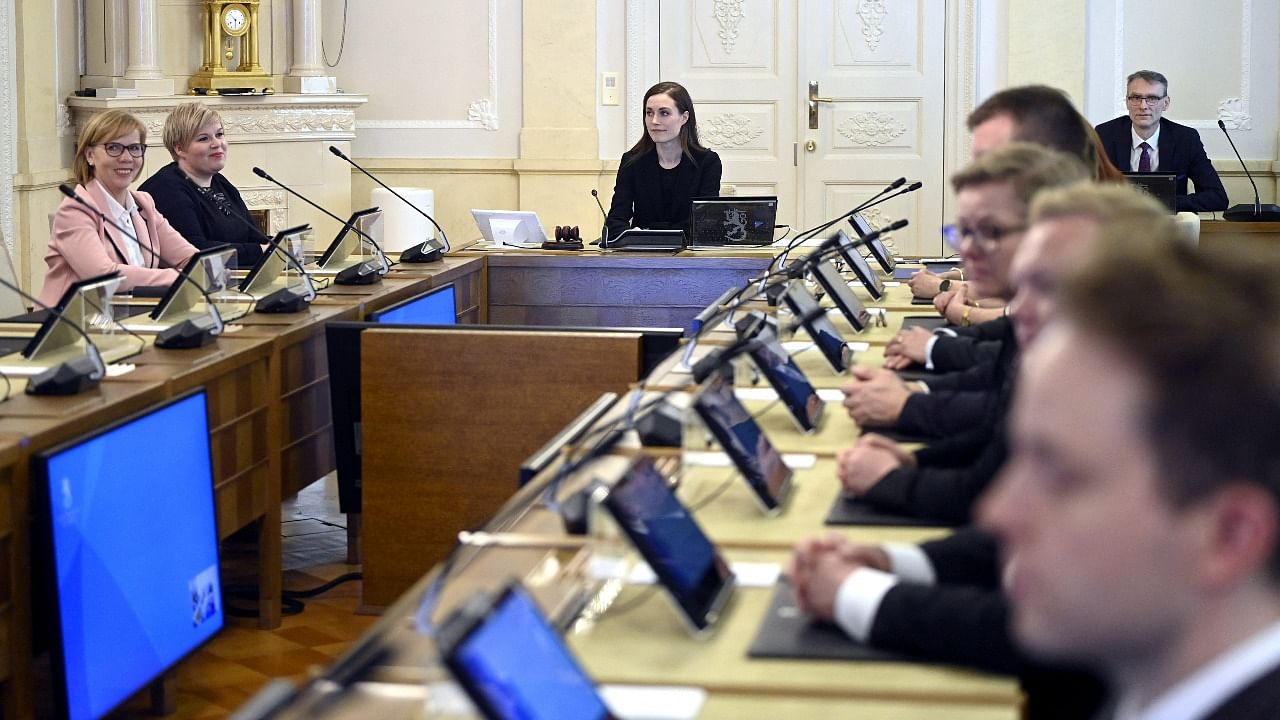 Finnish Prime Minister Sanna Marin attends a meeting of the Finnish government in Helsink. Credit: Reuters Photo