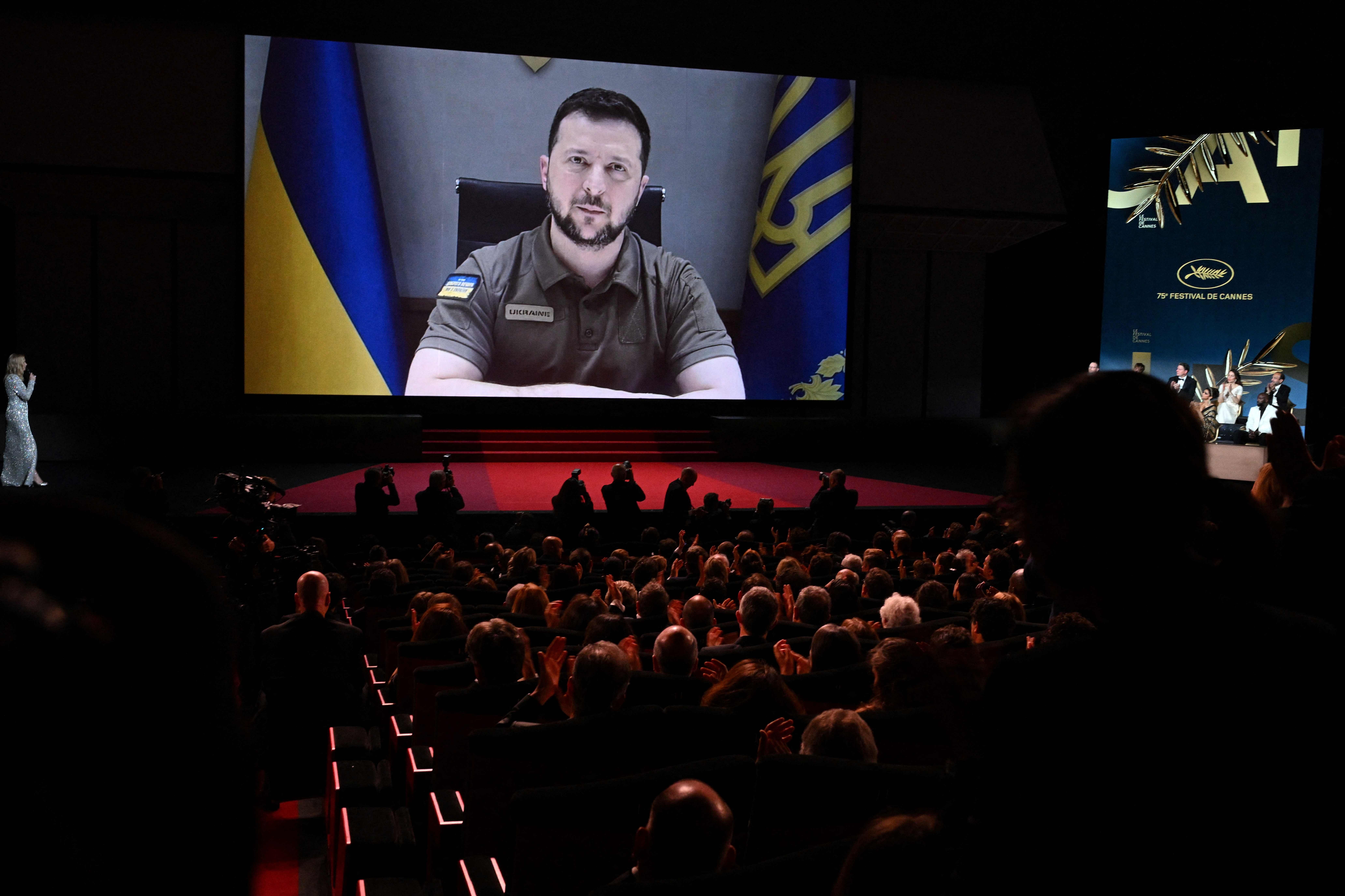 Ukrainian President Volodymyr Zelenskyy addresses guests during the Opening Ceremony of the 75th edition of the Cannes Film Festival in Cannes, southern France. Credit: AFP Photo
