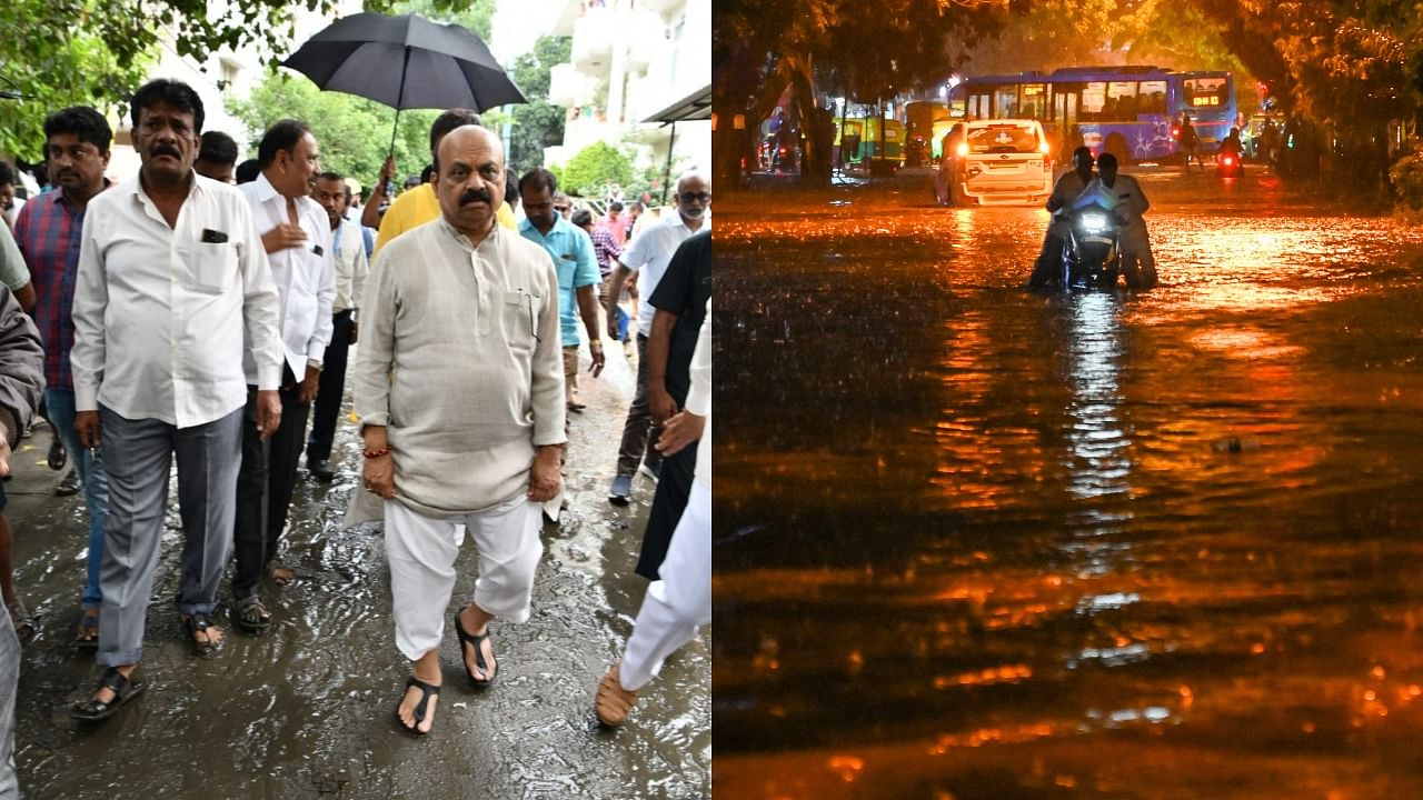 Karnataka CM Basavaraj Bommai (L) inspects a waterlogged street following heavy rains in Bengaluru. Credit: IANS, DH Photos