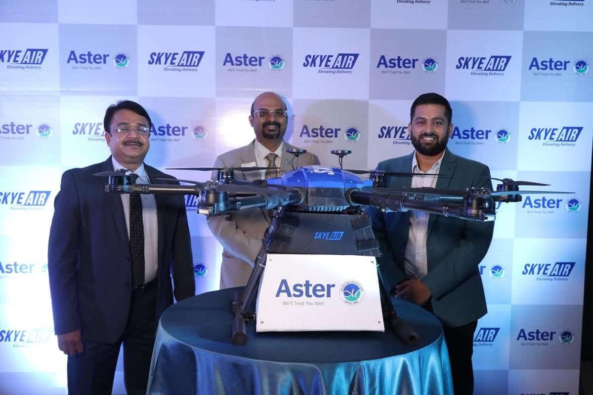 (L to R): Ramesh Kumar, CEO, Aster CMI Hospital, Dr. Prashanth N, COO, Aster RV Hospital and Ankit Kumar, CEO, Skye Air Mobility. Credit: DH Photo