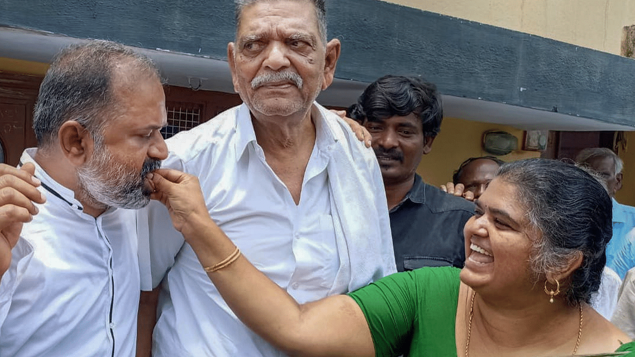 Perarivalan, convict in Rajiv Gandhi assassination case, with his father and sister after Supreme Court released him using special powers. Credit: PTI Photo