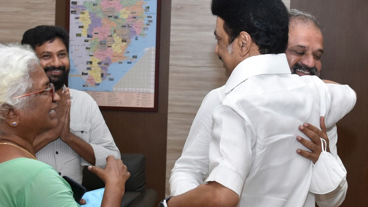 A G Perarivalan meeting Chief Minister M K Stalin on Wednesday after his release as ordered by the Supreme Court. Credit: Special arrangement