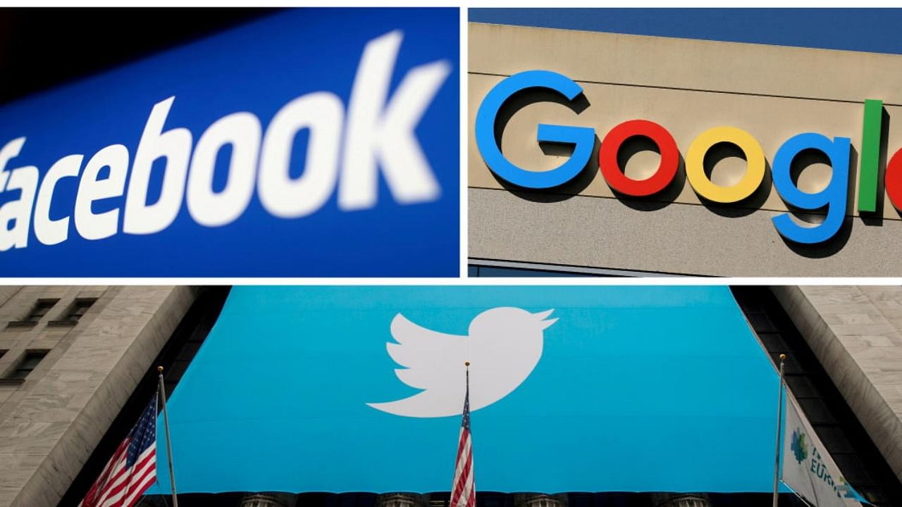 A combination photo from files of Facebook Google and Twitter logos. Credit: Reuters Photo