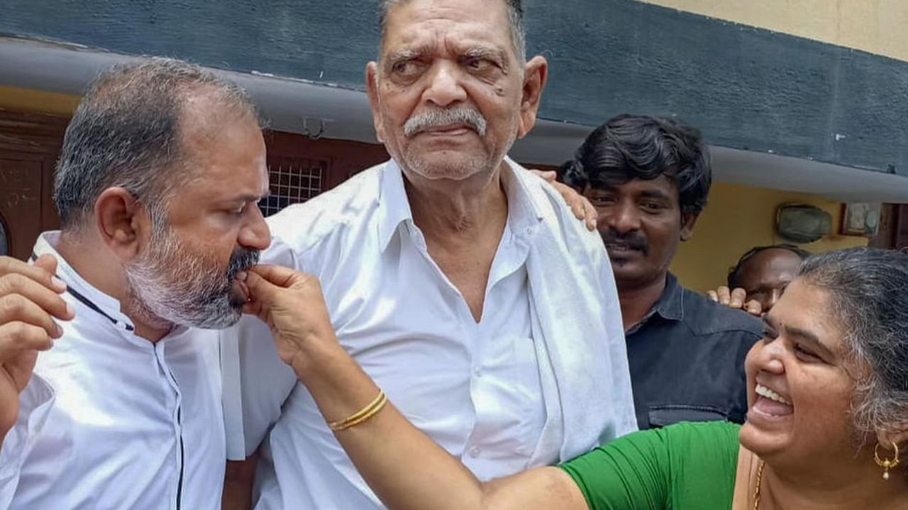 Perarivalan, convict in Rajiv Gandhi assassination case, with his father and sister after Supreme Court released him using special powers, at his house in Jolarpet, Tirupattur district, Wednesday, May 18, 2022. Credit: PTI Photo