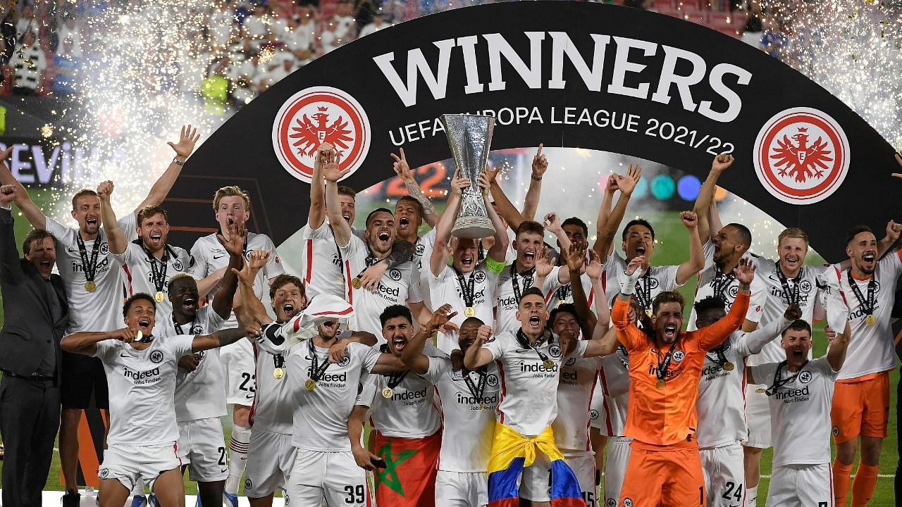 Eintracht Frankfurt players celebrate after winning the UEFA Europa League final. Credit: AFP Photo