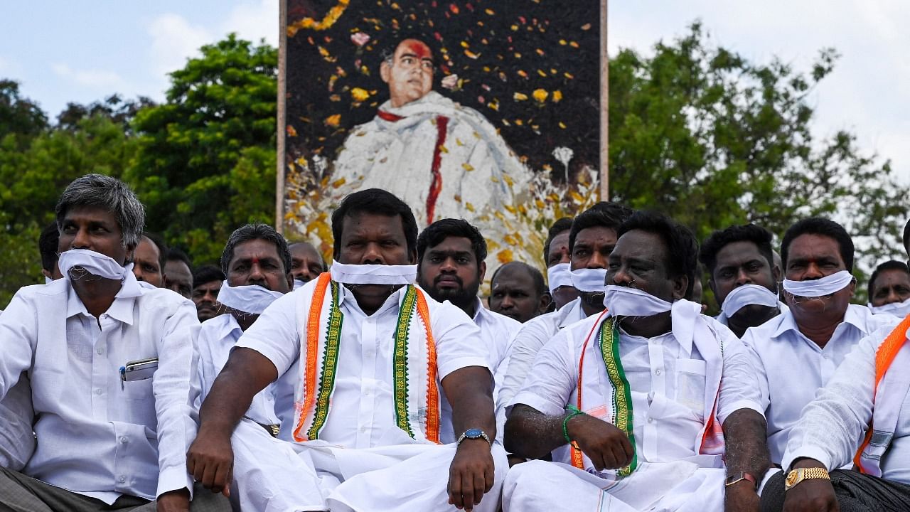 Congress workers during a protest against the release of Perarivalan at Rajiv Gandhi's memorial in Sriperumbudur. Credit: AFP Photo