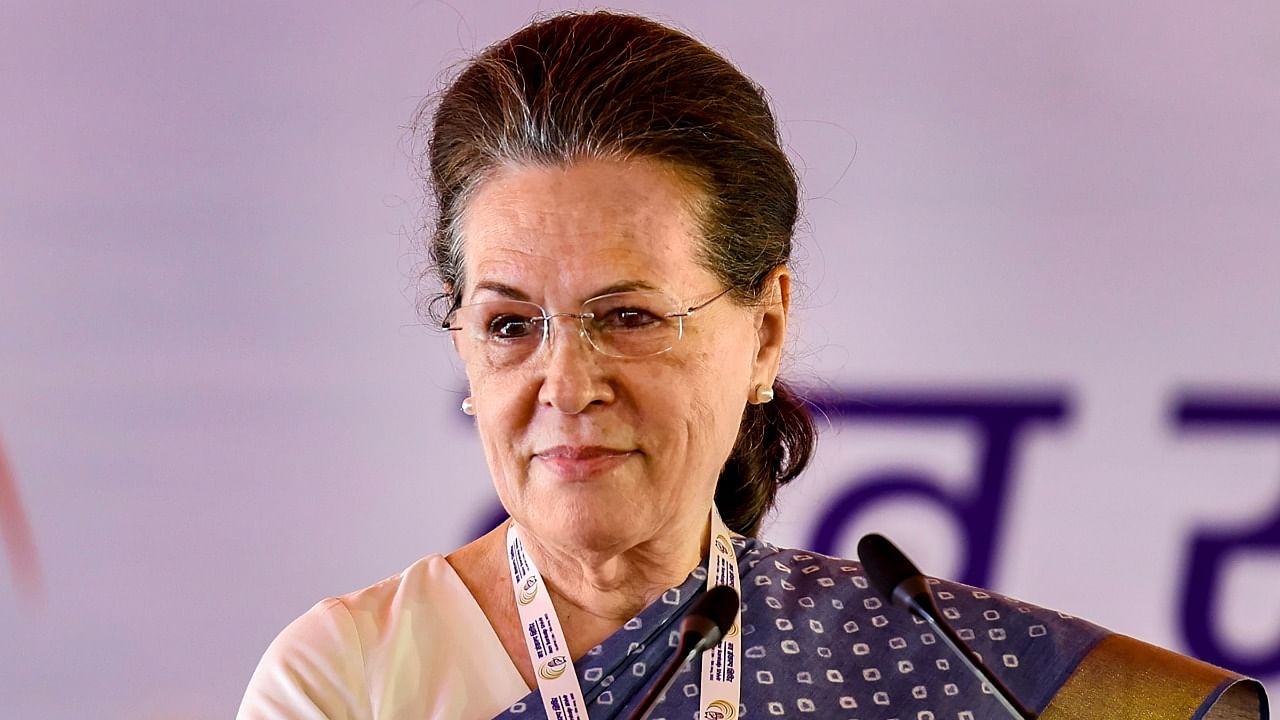 Congress interim President Sonia Gandhi addresses the concluding session of party's 'Nav Sankalp Shivir', in Udaipur. Credit: PTI Photo
