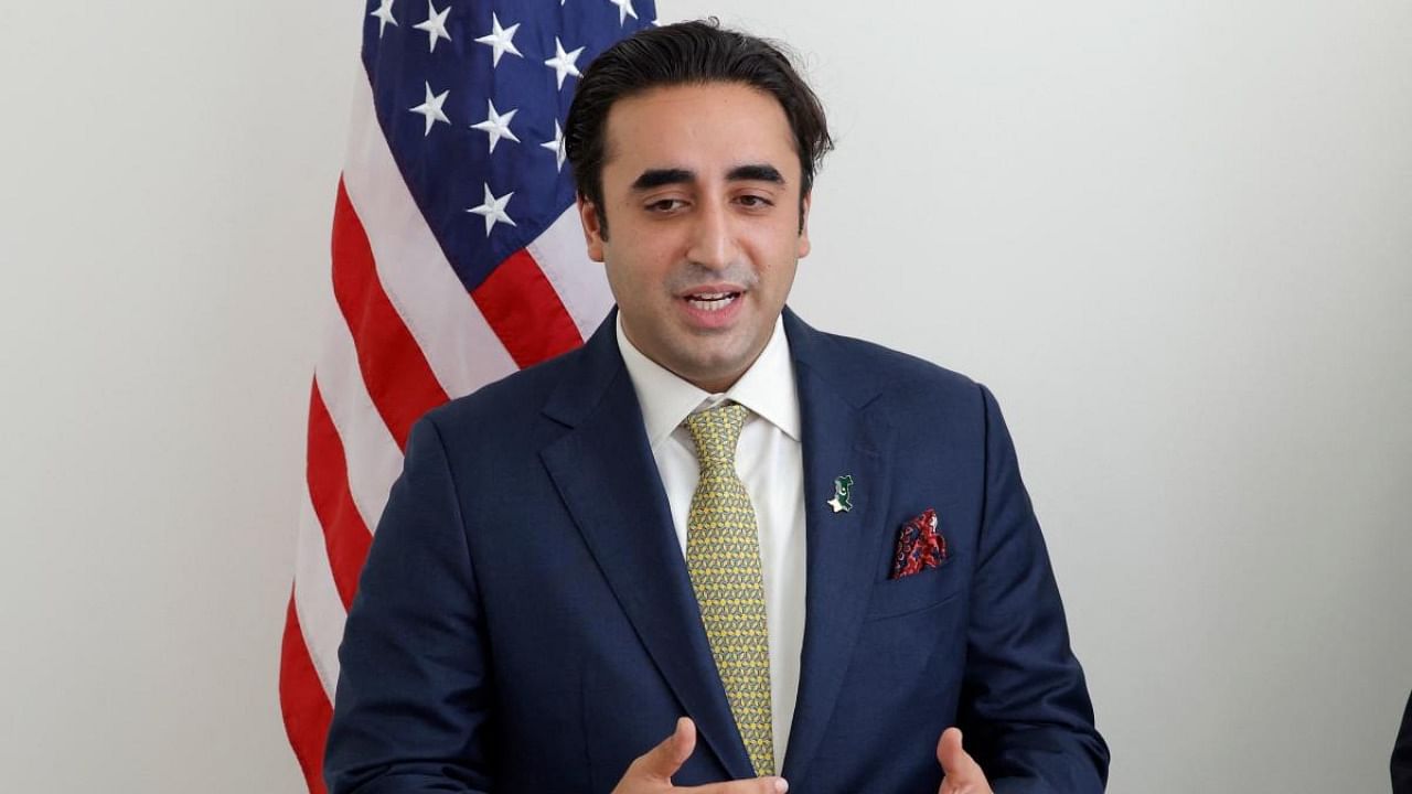 Pakistani Foreign Minister Bilawal Bhutto Zardari speaks as me meets with US Secretary of State Antony Blinken at United Nations headquarters in New York. Credit: AFP Photo