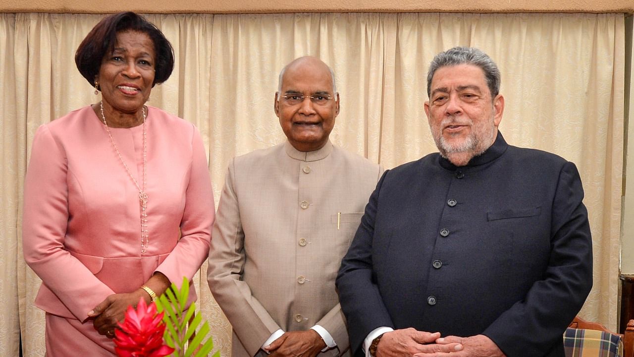 President Ram Nath Kovind meets Dame Susan Dougan, Governor General of St. Vincent and the Grenadines and Prime Minister Ralph Gonsalves, in Kingstown. Credit: PTI Photo