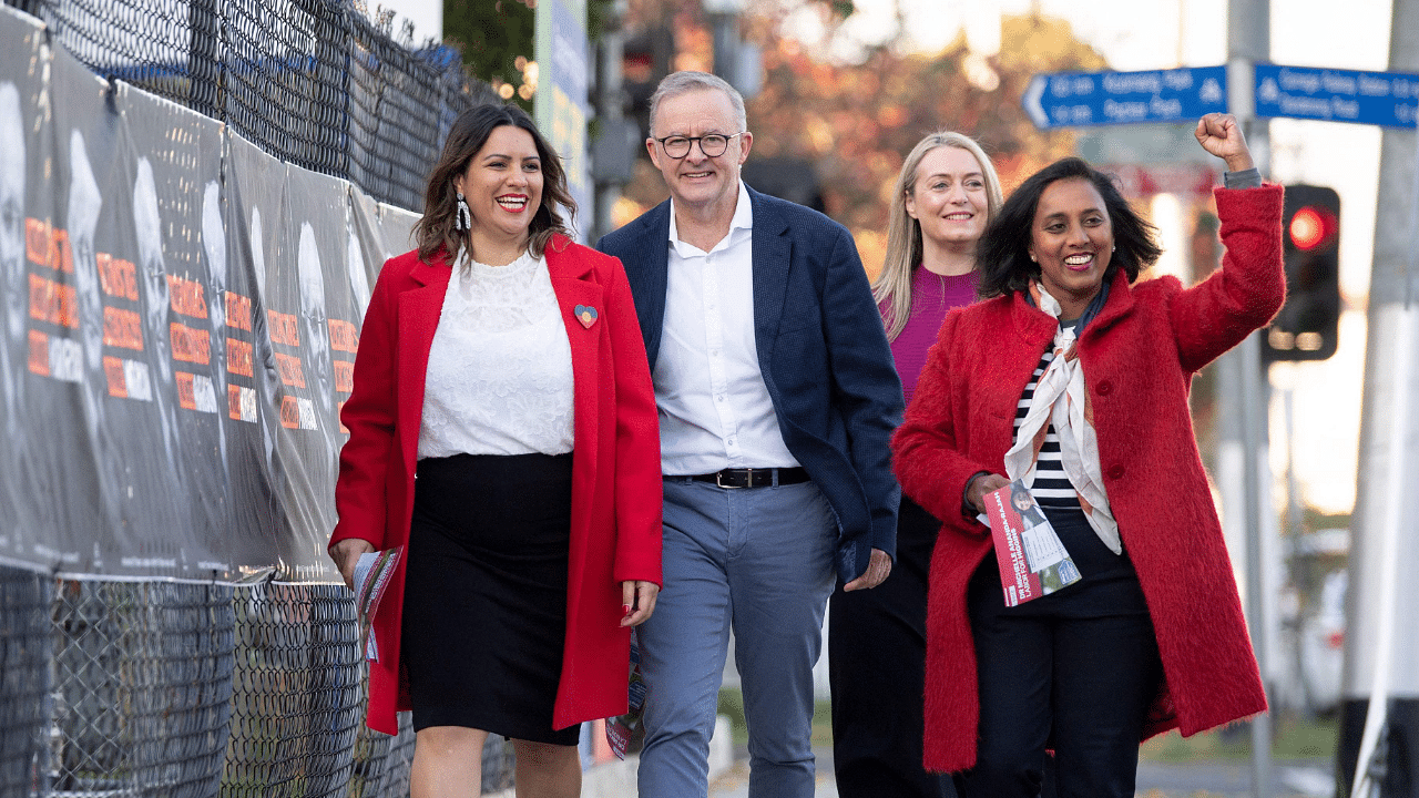Opposition Labor Party leader Anthony Albanese (2nd L), his partner Jodie Haydon (2nd R), Victoria senator Jana Stewart (R) and Labour candidate for Higgins Michelle Amanda-Rajah. Credit: AFP Photo