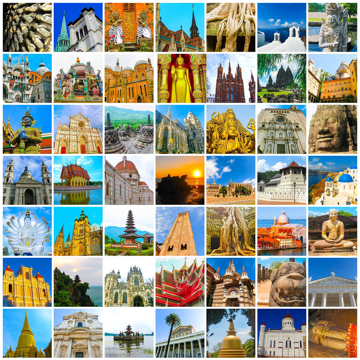 World Religious Monuments - collage from different religions from Bali, Thailand, Cambodia at Asia and Florens, Spain, Santorini, Venice in EuropeWorld Monuments Collage