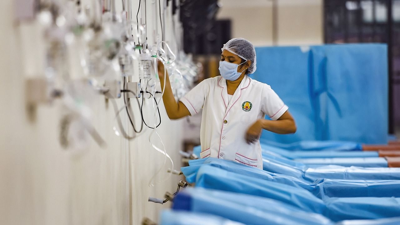 A healthworker prepares an 'oxygen triage facility' for Covid-19 patients as coronavirus cases surge. Credit: PTI Photo