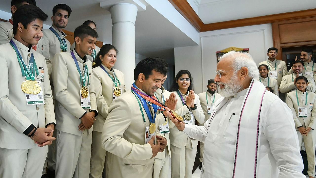 Prime Minister Narendra Modi during an interaction with athletes who took part in the Deaflympics. Credit: PTI Photo