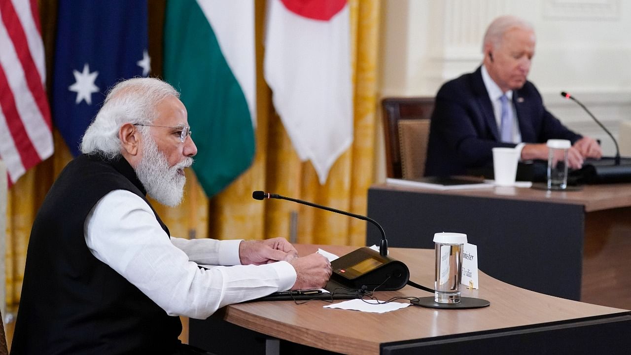 Indian Prime Minister Narendra Modi speaks during the Quad summit with President Joe Biden. Credit: AP Photo