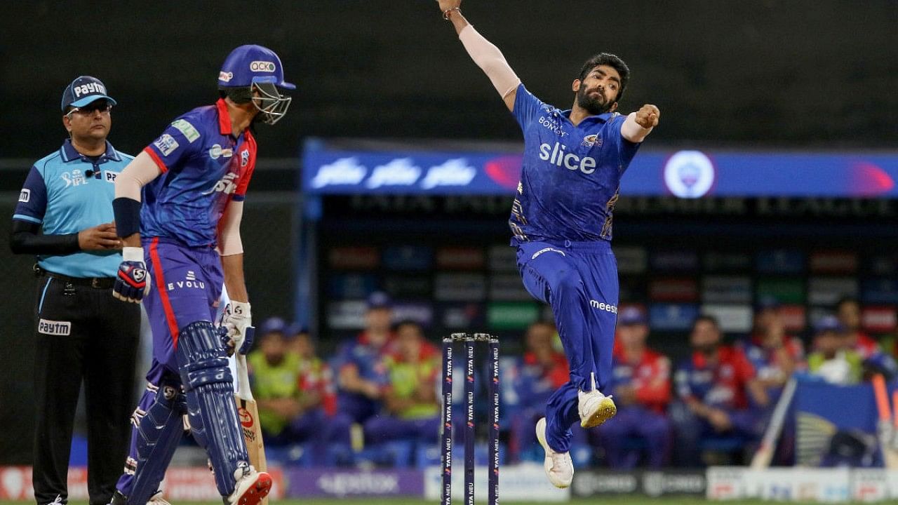 Jasprit Bumrah of Mumbai Indians bowls during the Indian Premier League 2022 cricket match between Mumbai Indians and Delhi Capitals. Credit: PTI Photo