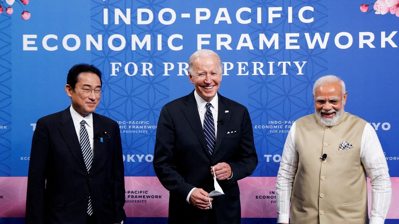 US President Joe Biden, India's Prime Minister Narendra Modi and Japan's Prime Minister Fumio Kishida attend the Indo-Pacific Economic Framework for Prosperity (IPEF) launch event. Credit: Reuters Photo