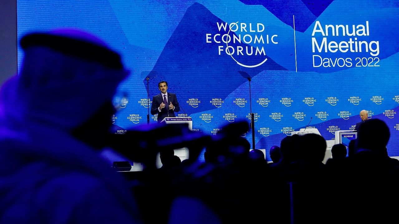 Qatar's Emir Tamim Bin Hamad Bin Khalifa Al Thani addresses the delegates of the World Economic Forum (WEF) in Davos. Credit: Reuters Photo