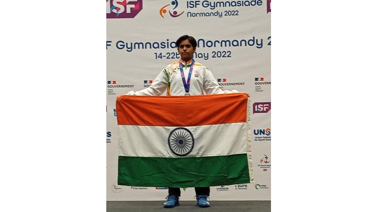 Prerana Nandakumar Shet celebrates her gold medal-winning feat at International School Federation Games in Normandy, France, on Saturday. Credit: Special arrangement