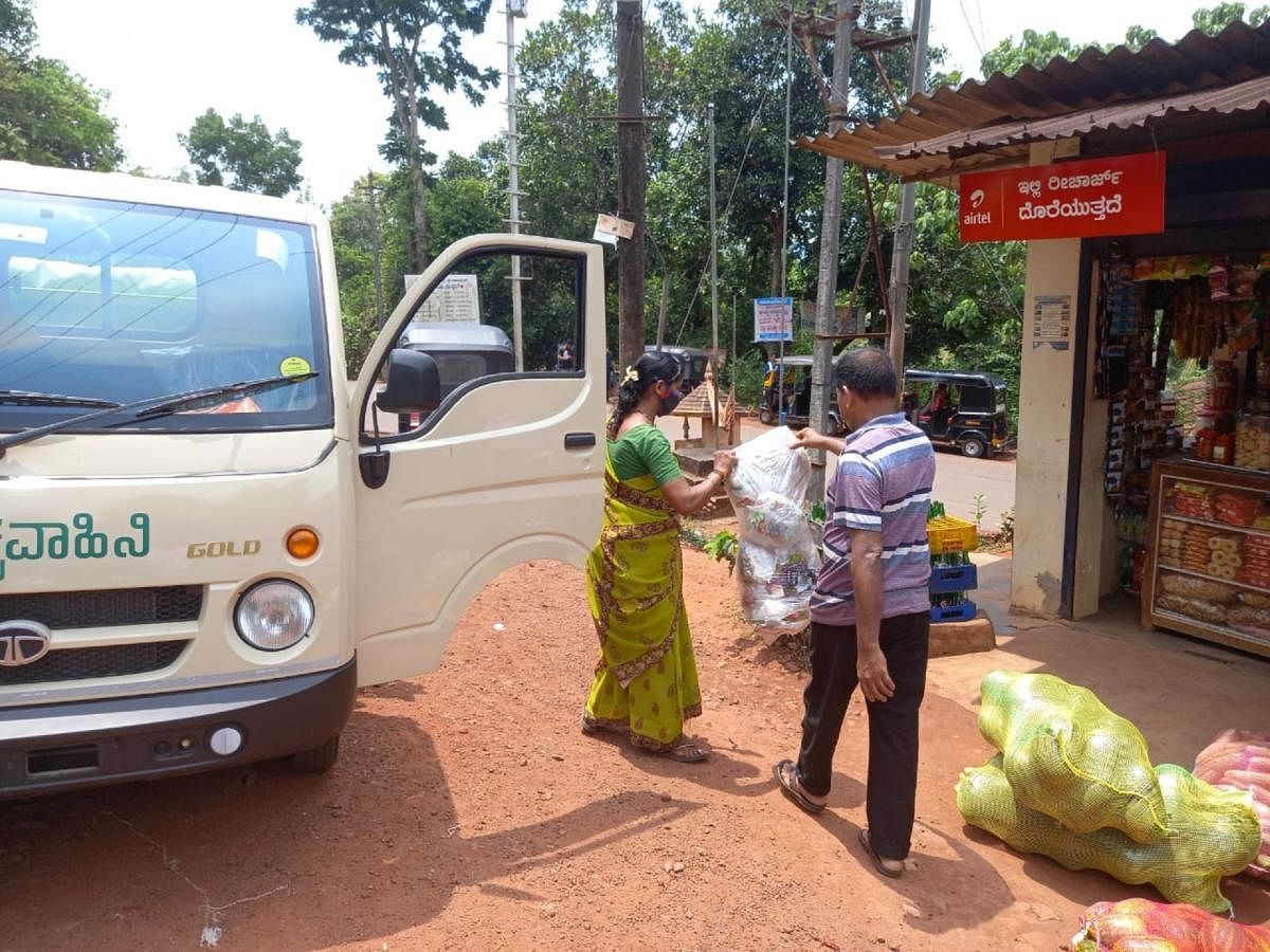 Swaccha Vahini vehicle used for door-to-door waste collection at one of the Gram Panchayats in Dakshina Kannada district.