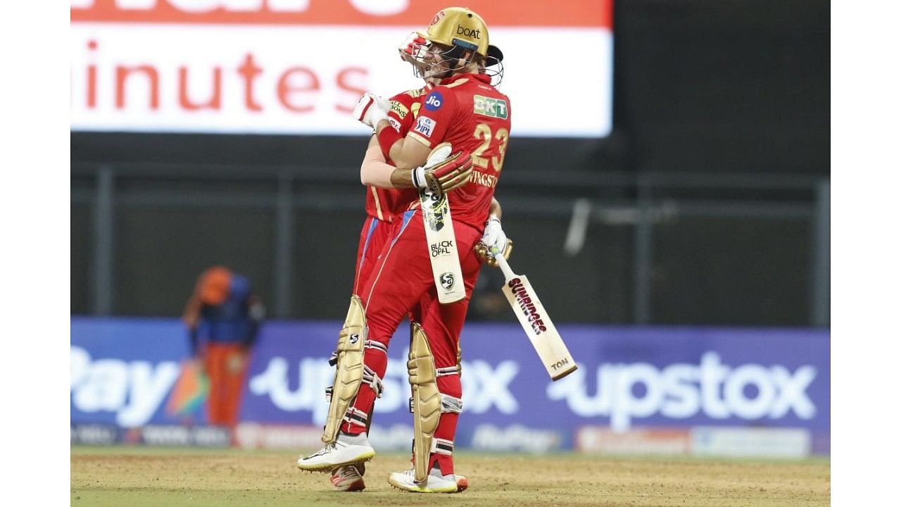 Punjab Kings celebrate their win during T20 cricket match 70 of the Indian Premier League 2022 (IPL season 15) between the Sunrisers Hyderabad and the Punjab Kings. Credit: PTI Photo