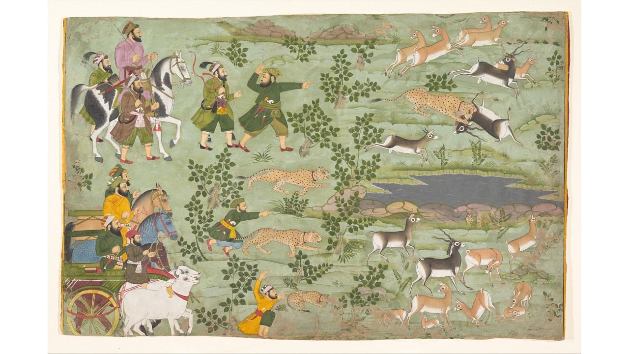 Shah Jahan Hunting Blackbuck with Trained Cheetahs, c. 1710-15, Ink, gold, and opaque watercolour on paper. Courtesy the Metropolitan Museum of Art.